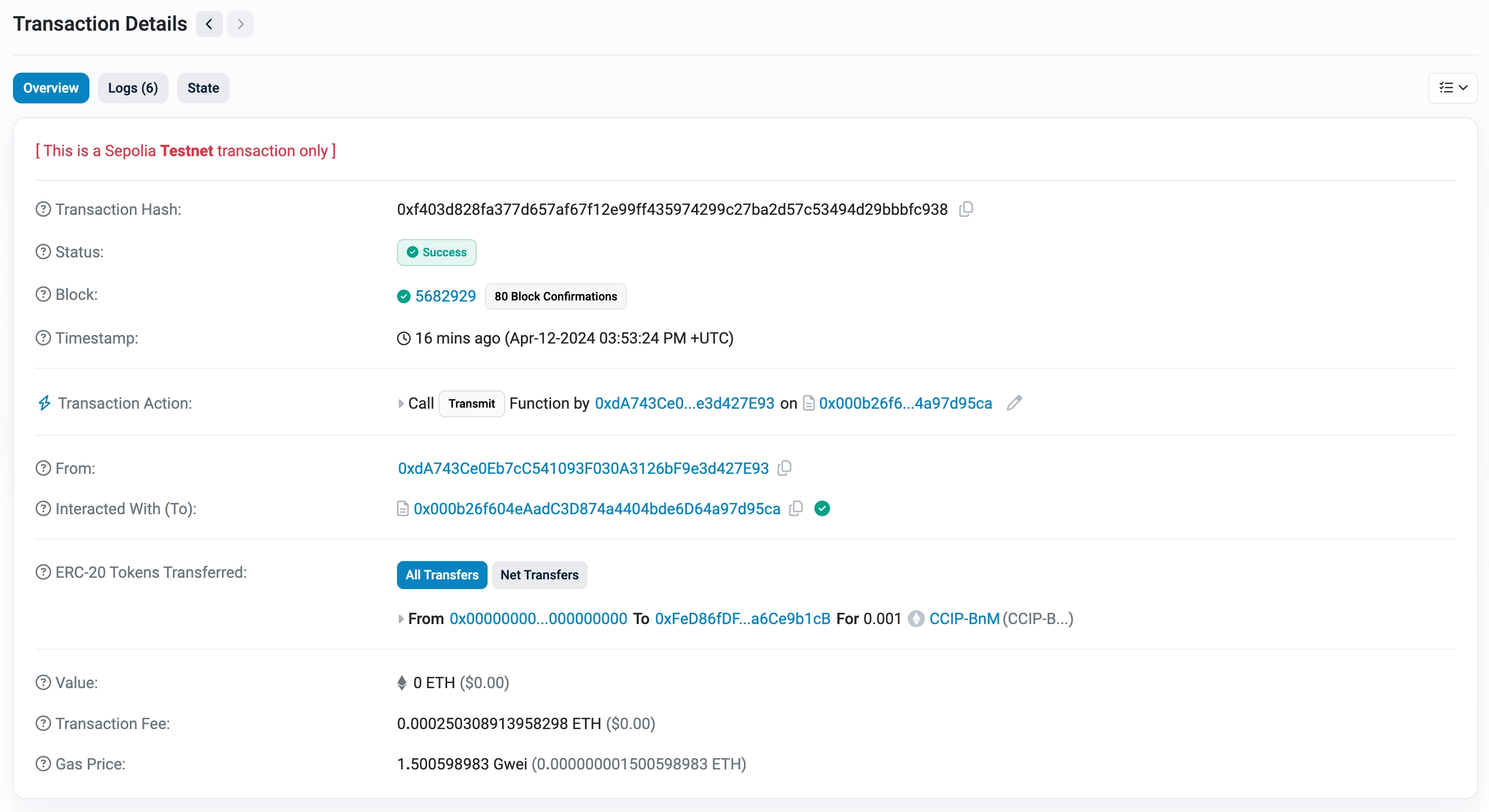 Chainlink CCIP Sepolia tokens received